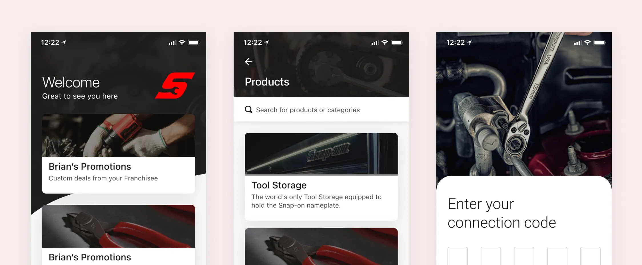 Screens of the application Connect made for Snap-on